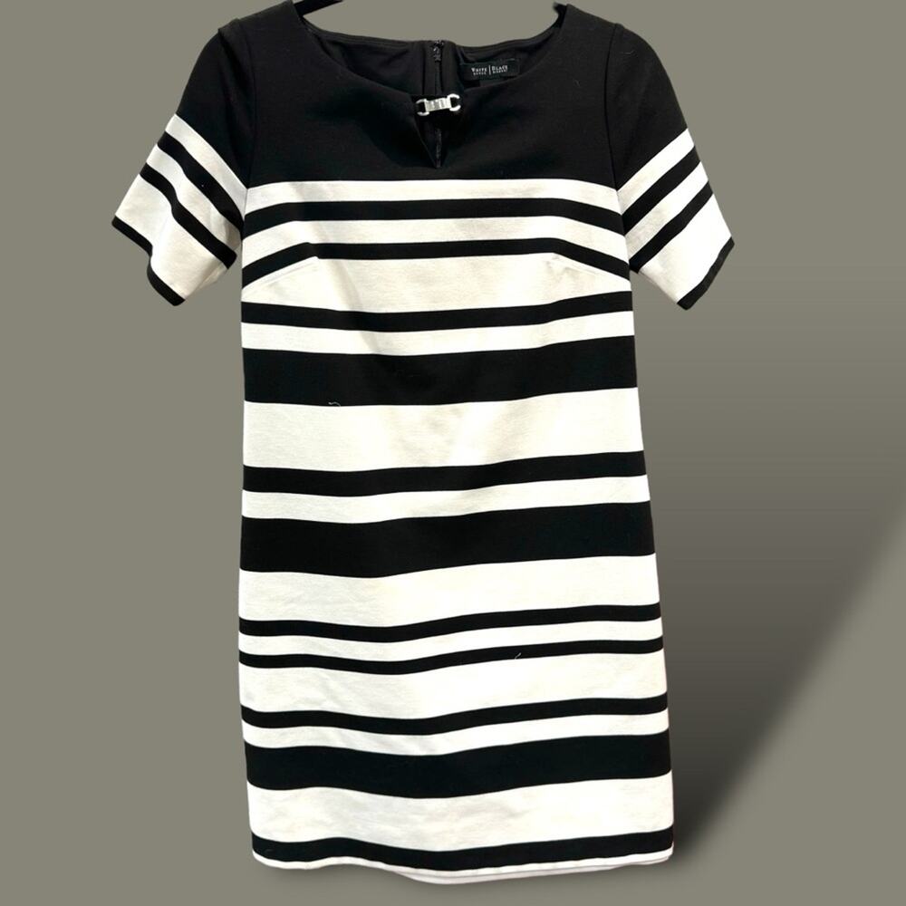 WHITE HOUSE BLACK MARKET ecru & black stripe shift dress size 4 Easter Sunday - Picture 2 of 13